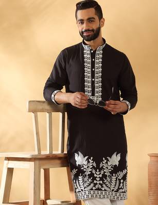 Cotton silk embroidered sequin work black kurta 1