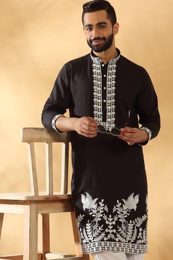 Cotton silk embroidered sequin work black kurta