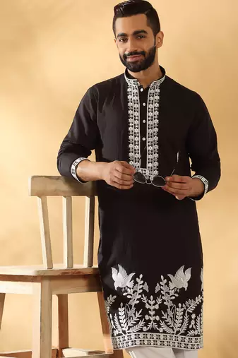 Cotton silk embroidered sequin work black kurta