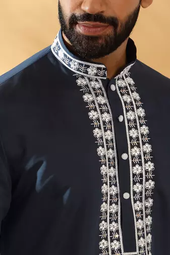 Cotton silk embroidered sequin work blue kurta