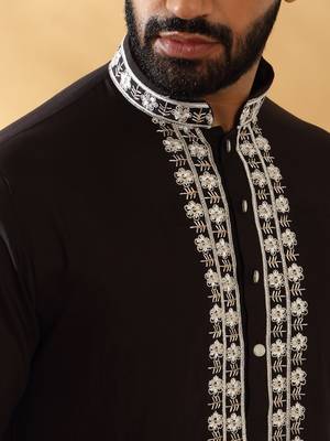 Cotton silk embroidered sequin work black kurta 2