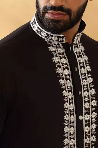 Cotton silk embroidered sequin work black kurta
