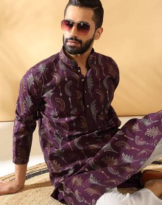 Cotton silk embroidered floral work wine kurta 1