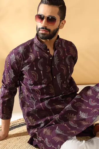 Cotton silk embroidered floral work wine kurta
