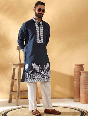 Cotton silk embroidered sequin work blue kurta 3