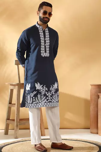 Cotton silk embroidered sequin work blue kurta