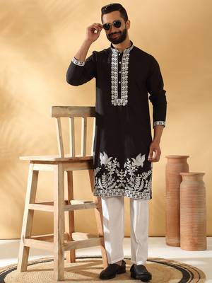 Cotton silk embroidered sequin work black kurta 3