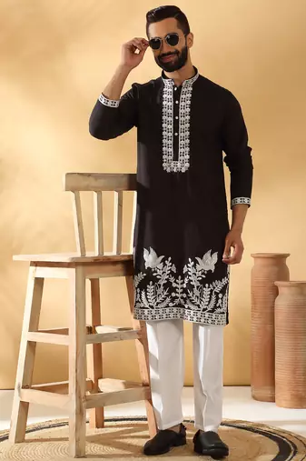 Cotton silk embroidered sequin work black kurta