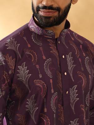 Cotton silk embroidered floral work wine kurta 2