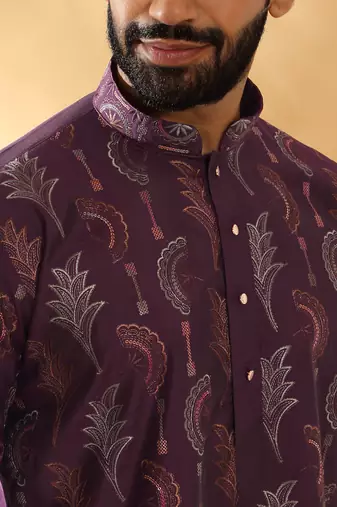 Cotton silk embroidered floral work wine kurta