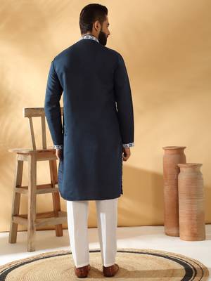 Cotton silk embroidered sequin work blue kurta 4