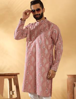 Cotton silk embroidered floral work mauve kurta 1