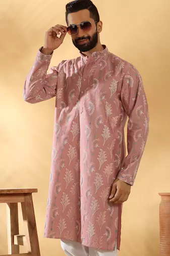 Cotton silk embroidered floral work mauve kurta