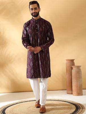 Cotton silk embroidered floral work wine kurta 3