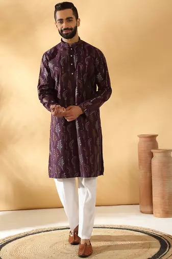 Cotton silk embroidered floral work wine kurta