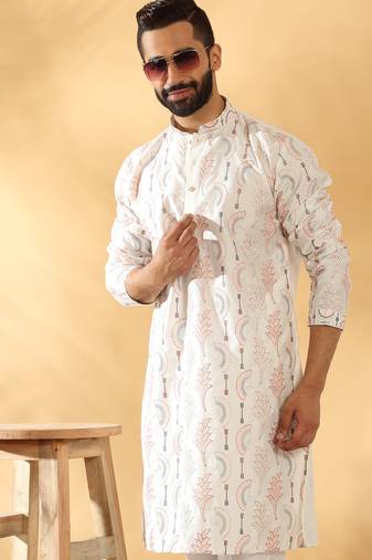Cotton silk embroidered floral work cream kurta