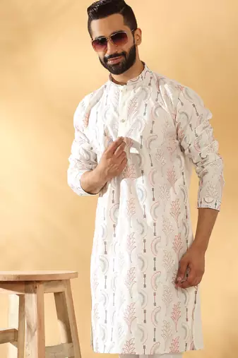 Cotton silk embroidered floral work cream kurta