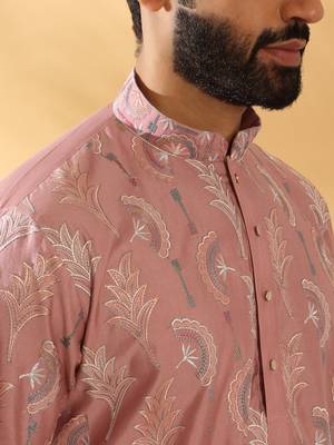 Cotton silk embroidered floral work mauve kurta 3