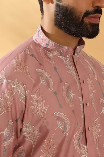 Cotton silk embroidered floral work mauve kurta