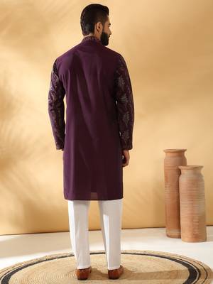 Cotton silk embroidered floral work wine kurta 4