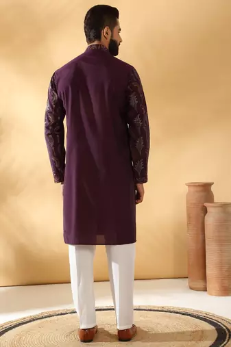 Cotton silk embroidered floral work wine kurta