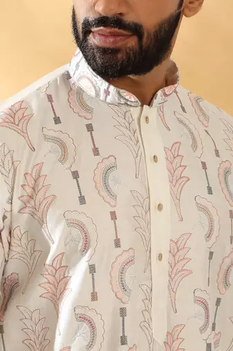 Cotton silk embroidered floral work cream kurta