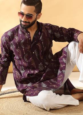 Cotton silk embroidered floral work wine kurta 5