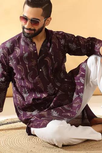 Cotton silk embroidered floral work wine kurta