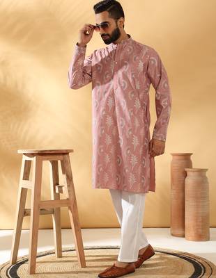 Cotton silk embroidered floral work mauve kurta 4