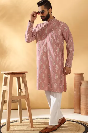 Cotton silk embroidered floral work mauve kurta