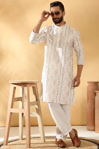 Cotton silk embroidered floral work cream kurta