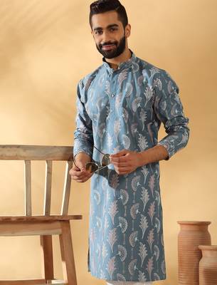 Cotton silk embroidered floral work blue kurta 1