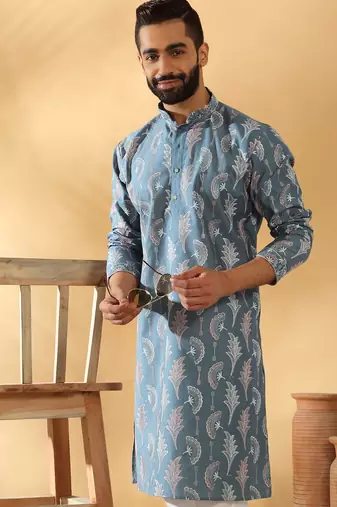 Cotton silk embroidered floral work blue kurta
