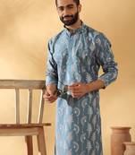 Cotton silk embroidered floral work blue kurta