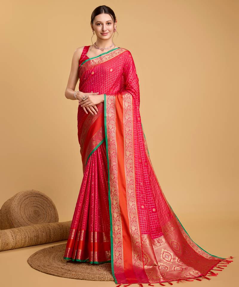 rani pink woven banarasi saree with blouse