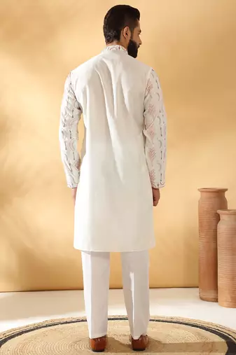 Cotton silk embroidered floral work cream kurta
