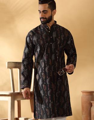 Cotton silk embroidered floral work black kurta 1