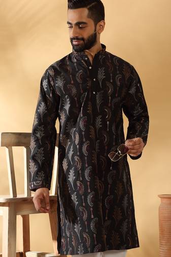 Cotton silk embroidered floral work black kurta