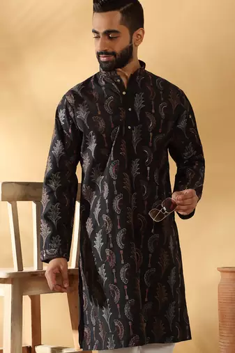 Cotton silk embroidered floral work black kurta