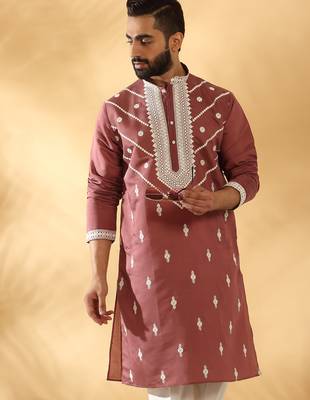 Cotton silk beads work yoke design embroidered sequin mauve kurta 1