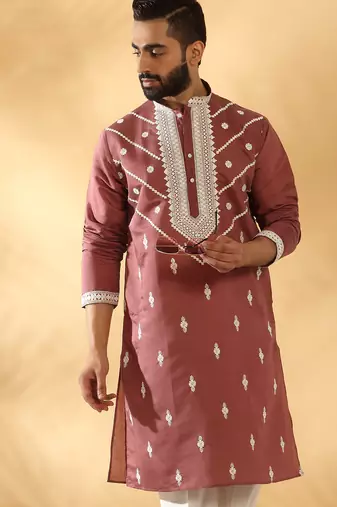Cotton silk beads work yoke design embroidered sequin mauve kurta