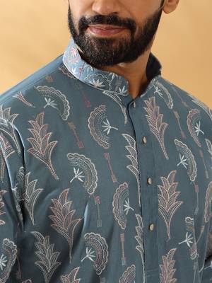 Cotton silk embroidered floral work blue kurta 2