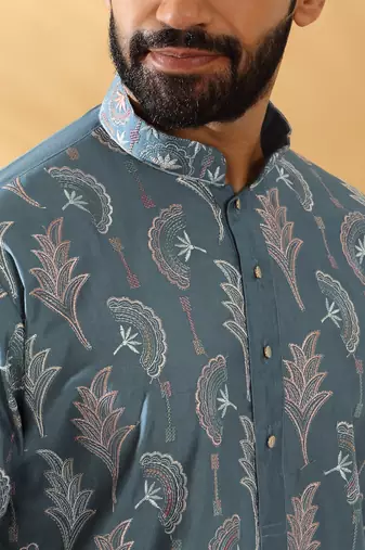 Cotton silk embroidered floral work blue kurta