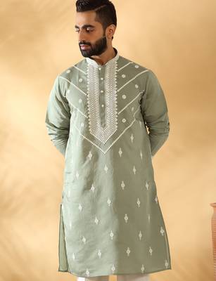 Cotton silk beads work yoke design embroidered sequin green kurta 1