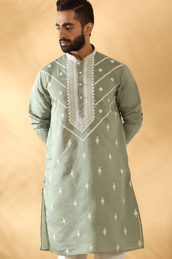 Cotton silk beads work yoke design embroidered sequin green kurta