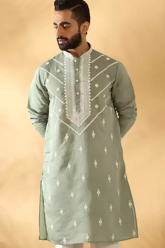 Cotton silk beads work yoke design embroidered sequin green kurta