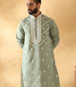 Cotton silk beads work yoke design embroidered sequin green kurta