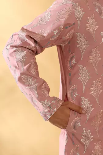 Cotton silk embroidered floral work mauve kurta