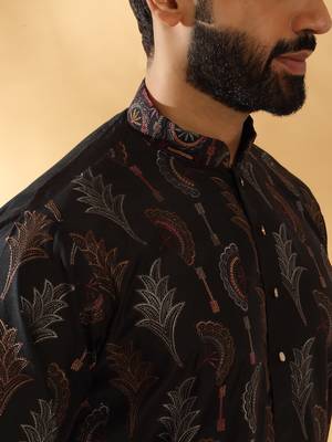 Cotton silk embroidered floral work black kurta 2
