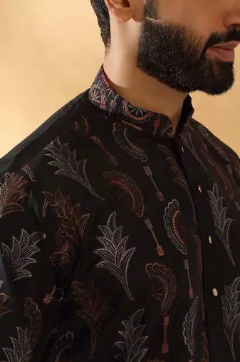 Cotton silk embroidered floral work black kurta
